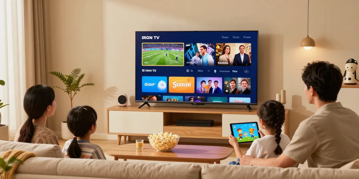 Famille profitant de IRON TV sur grand écran avec ambiance chaleureuse et contenu diversifié.