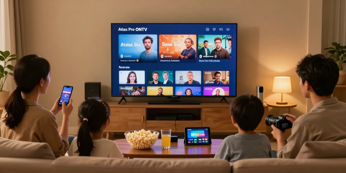 La famille profite de leur abonnement Atlas Pro ONTV dans un salon chaleureux, regardant des films et des séries ensemble.